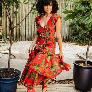 Farm Rio parrot and palm trees flamenco midi dress